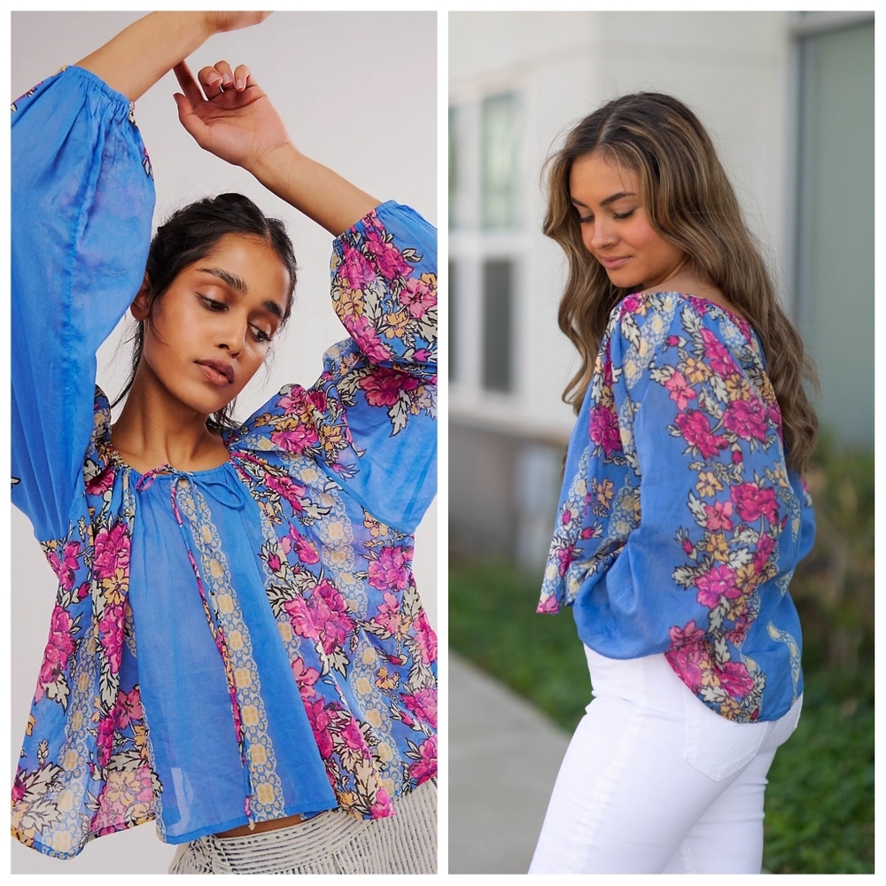 Free People Elena Printed Top Scoop Neck Blouson Sleeve Cotton Pullover M NWOT